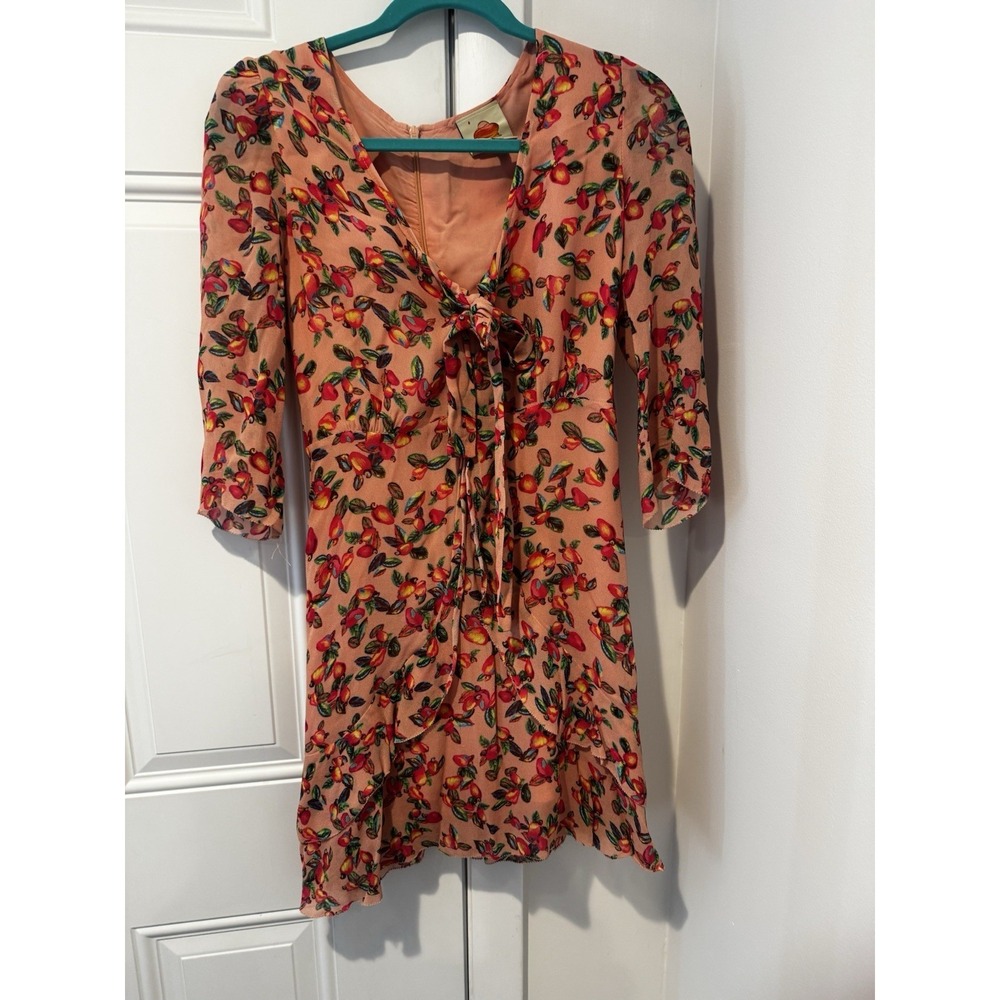 Farm Rio Peach Women's Mini Dress Floral XS Fruit Ruffle Hem Back Zipper Boho